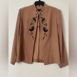 Studio I Camel Open-Front Jacket with Black Embroidered Detail